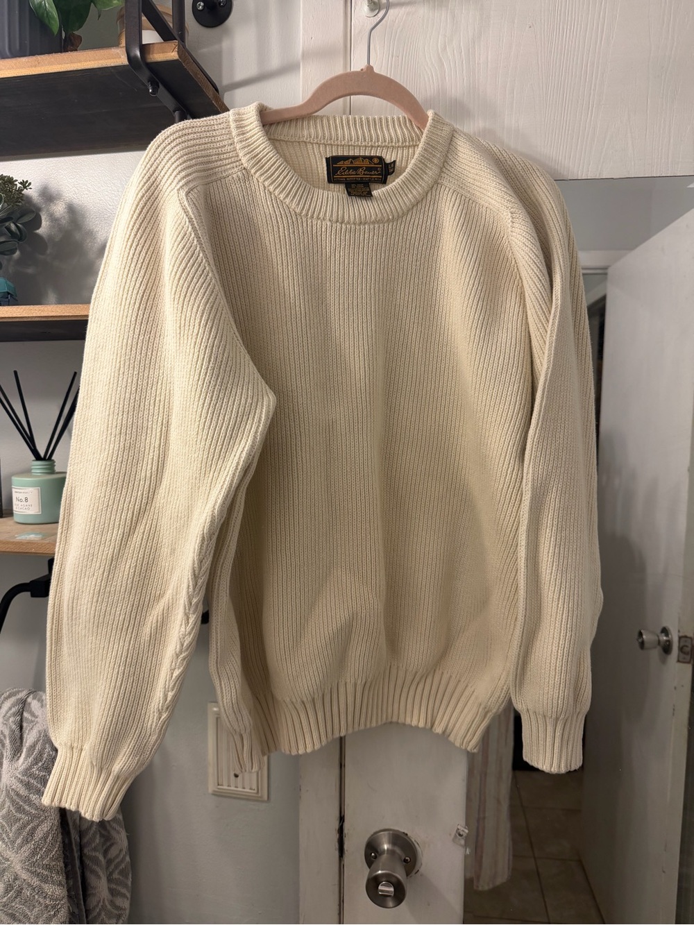 Vintage Eddie Bauer 80’s Thick Cream Crewneck 100% Cotton Ribbed Knit Sweater